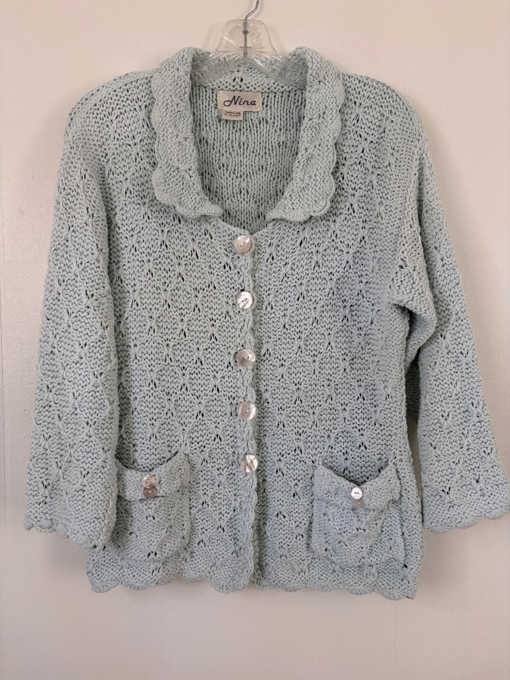 Vintage Light Aqua NINA Cotton Handmade Cardigan Sweater S/M